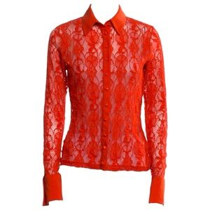 ANNE FONTAINE Runway Y2K Revival Knit Lace Button-Up Top - Pepper Red - M